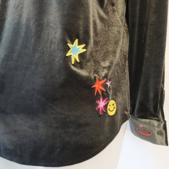 NWT Womens Romi Basha Cosmic Green Multicolor Boho Chic Velvet Shirt Top M - Picture 8 of 11